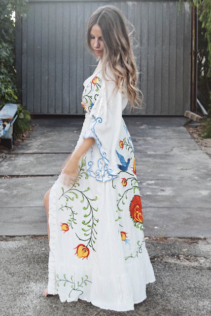 Summer New Arrival Flower Embroidery V-Neck Large Morning Glory Sleeve Dress Goddess Dress