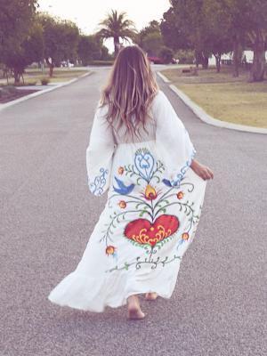Summer New Arrival Flower Embroidery V-Neck Large Morning Glory Sleeve Dress Goddess Dress
