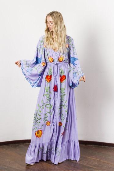 Summer New Arrival Flower Embroidery V-Neck Large Morning Glory Sleeve Dress Goddess Dress