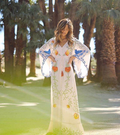 Summer New Arrival Flower Embroidery V-Neck Large Morning Glory Sleeve Dress Goddess Dress