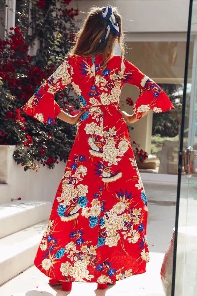 2018 New Arrival V-Neck Flared Sleeve Print Dress Holiday Bohemia Dress
