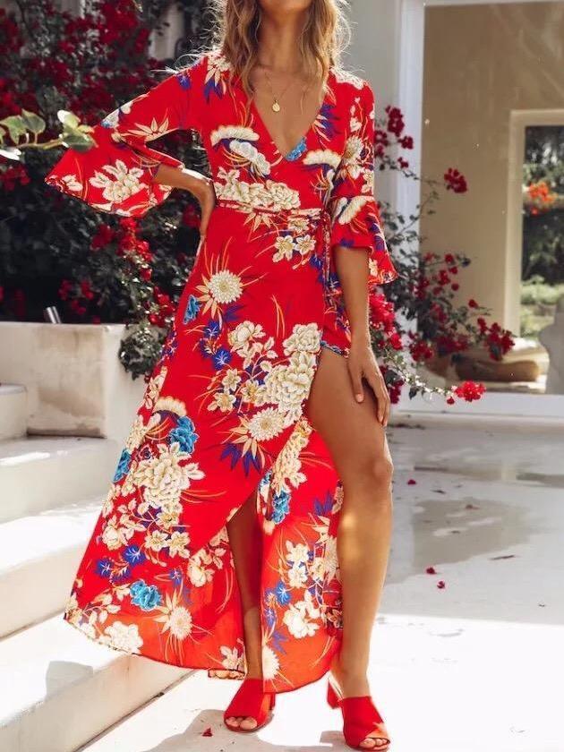 2018 New Arrival V-Neck Flared Sleeve Print Dress Holiday Bohemia Dress