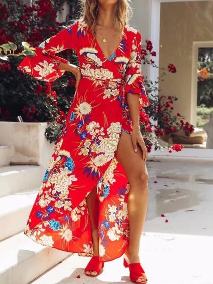 2018 New Arrival V-Neck Flared Sleeve Print Dress Holiday Bohemia Dress