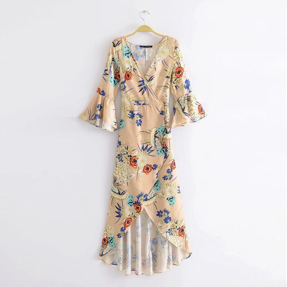 2018 New Arrival V-Neck Flared Sleeve Print Dress Holiday Bohemia Dress