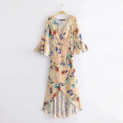 2018 New Arrival V-Neck Flared Sleeve Print Dress Holiday Bohemia Dress