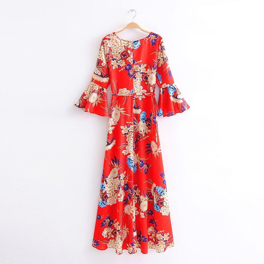 2018 New Arrival V-Neck Flared Sleeve Print Dress Holiday Bohemia Dress