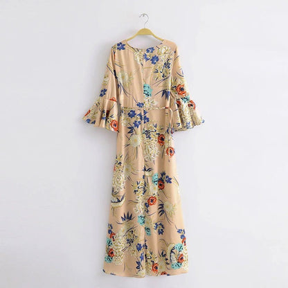 2018 New Arrival V-Neck Flared Sleeve Print Dress Holiday Bohemia Dress