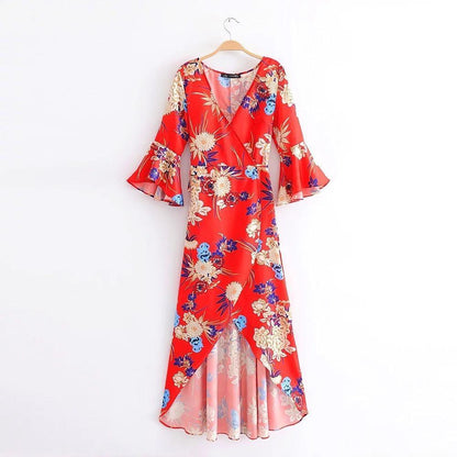 2018 New Arrival V-Neck Flared Sleeve Print Dress Holiday Bohemia Dress