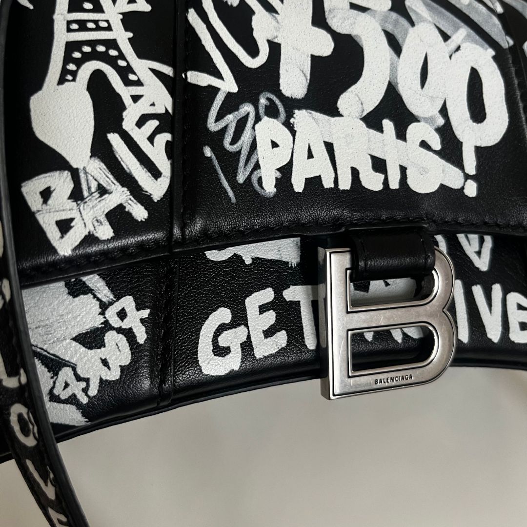 Balenciaga Hourglass Graffiti XS Black with white print shoulder bag
