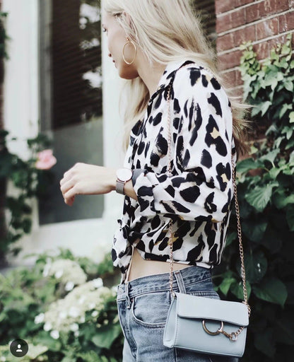 Black & White Leopard Vintage Sexy Women Loose Chiffon Long Sleeve Shirt Blouse