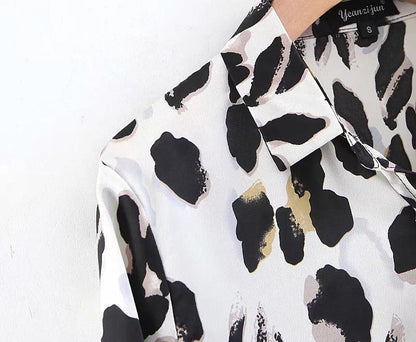 Black & White Leopard Vintage Sexy Women Loose Chiffon Long Sleeve Shirt Blouse