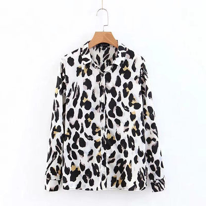Black & White Leopard Vintage Sexy Women Loose Chiffon Long Sleeve Shirt Blouse