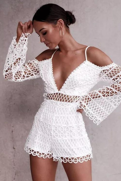 White Sexy Hollow V-Neck Strap Lace Vacation Style Romantic Romper