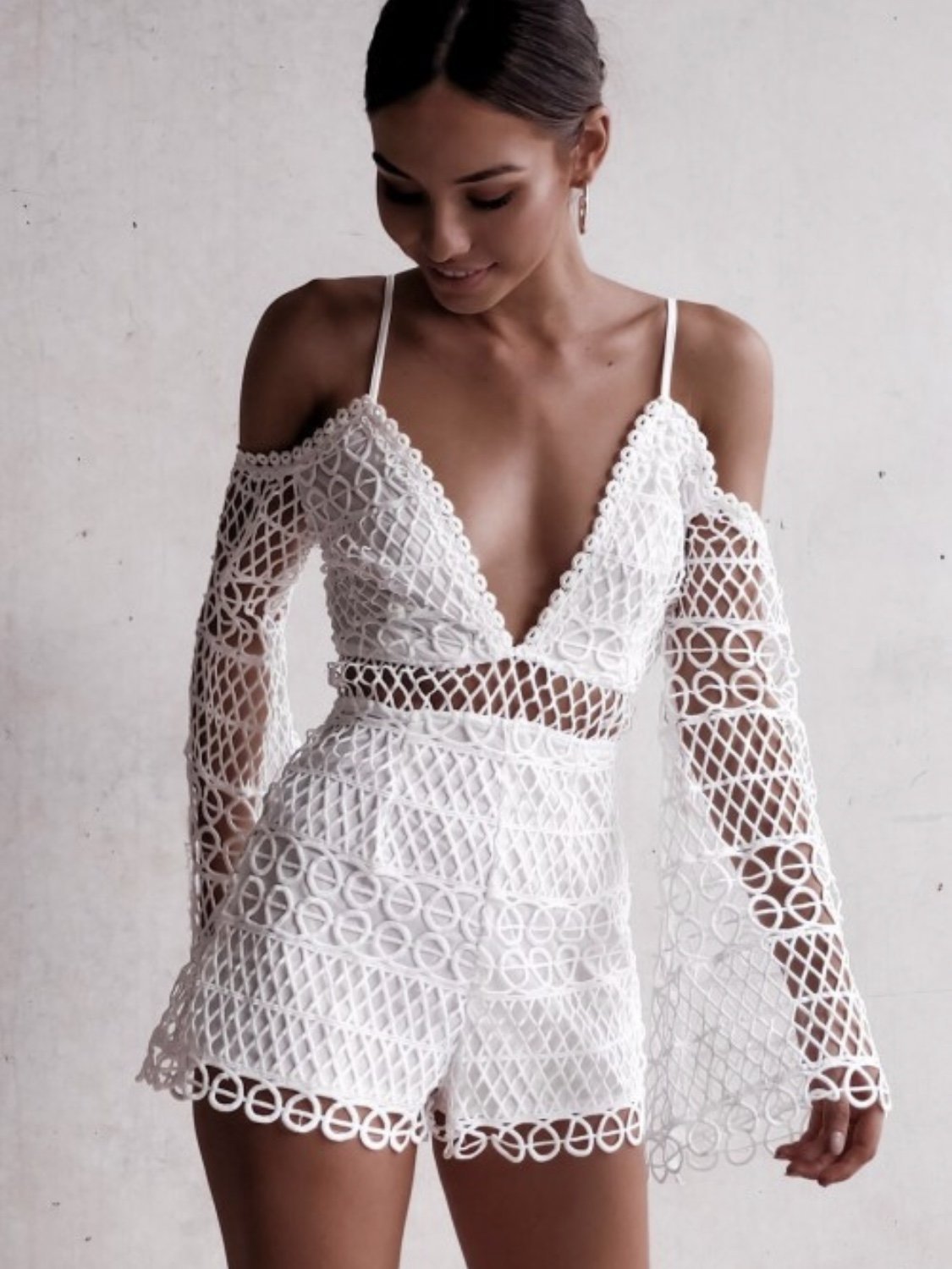White Sexy Hollow V-Neck Strap Lace Vacation Style Romantic Romper