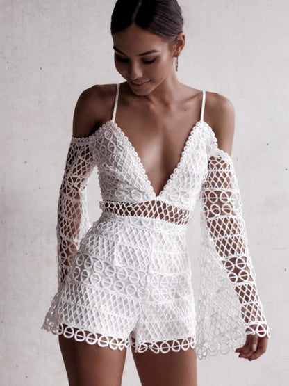 White Sexy Hollow V-Neck Strap Lace Vacation Style Romantic Romper