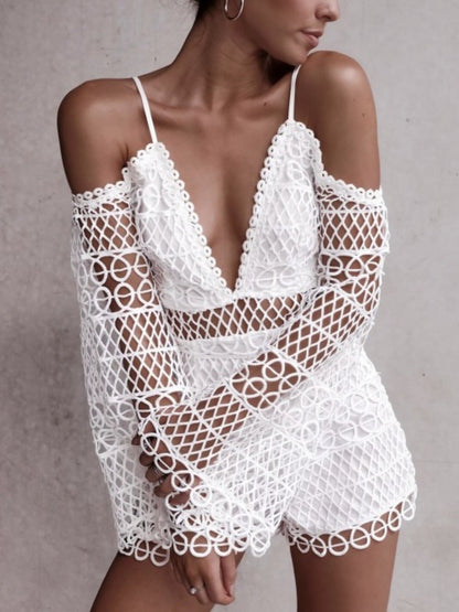 White Sexy Hollow V-Neck Strap Lace Vacation Style Romantic Romper