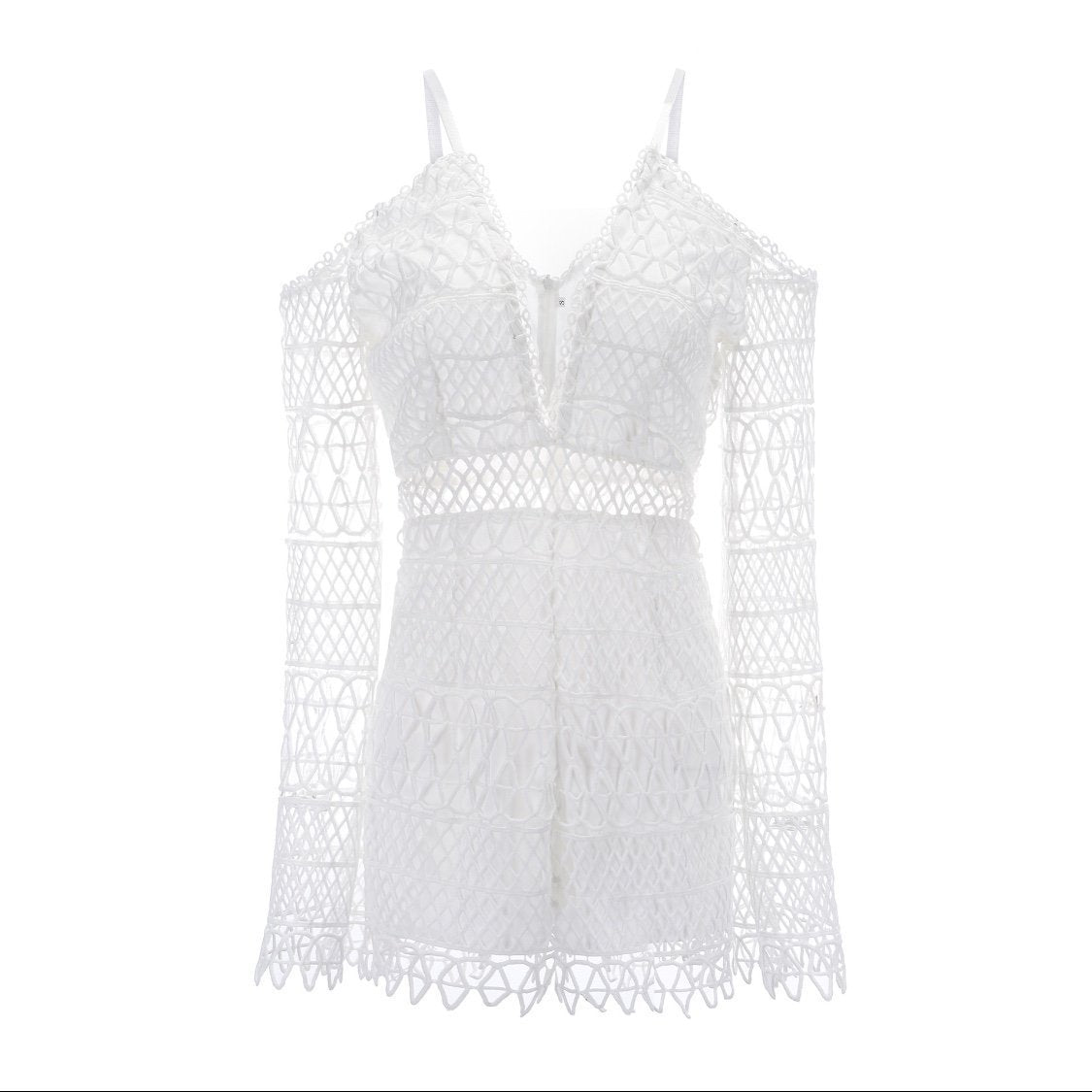 White Sexy Hollow V-Neck Strap Lace Vacation Style Romantic Romper