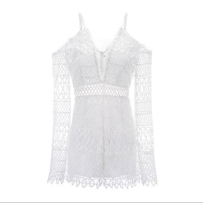 White Sexy Hollow V-Neck Strap Lace Vacation Style Romantic Romper