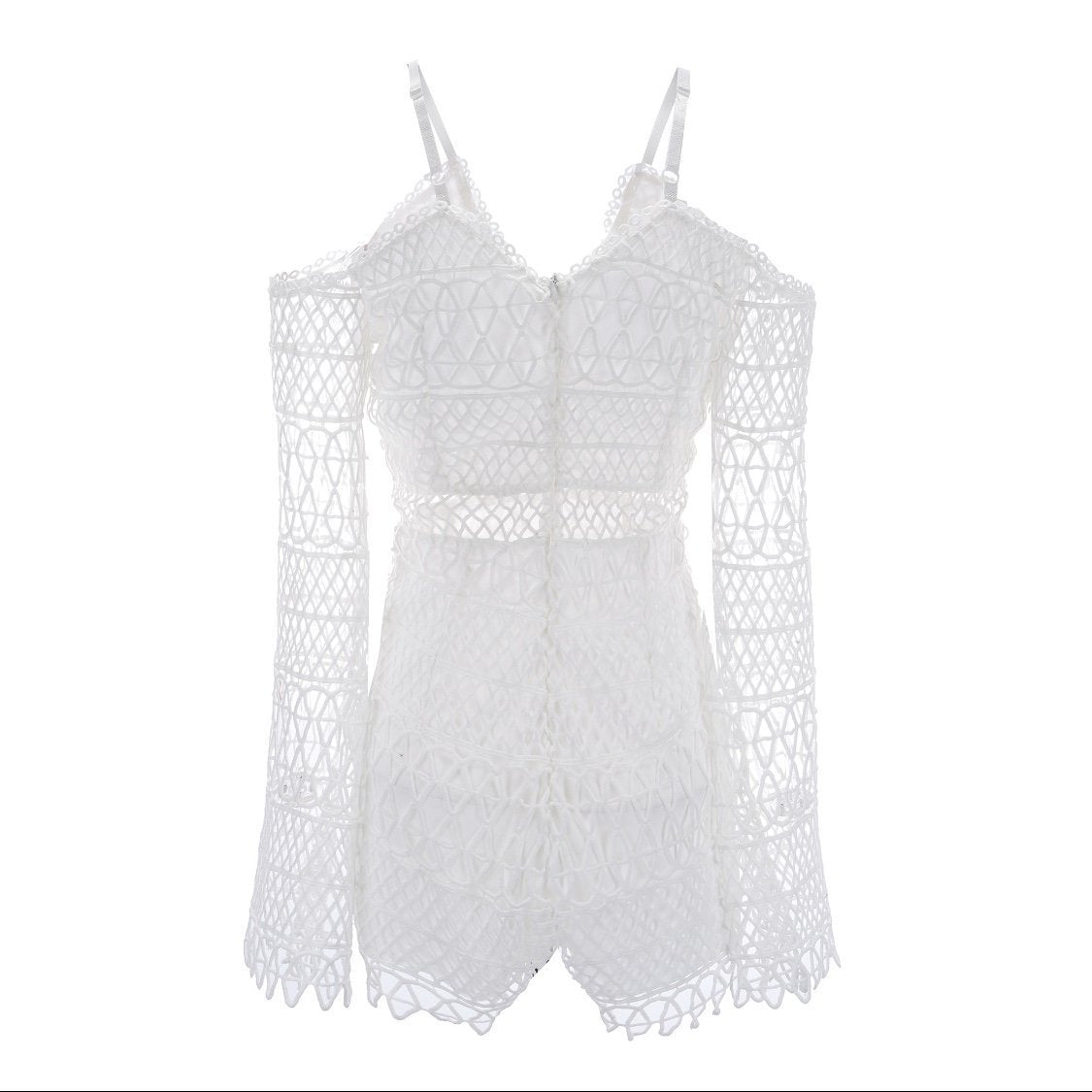 White Sexy Hollow V-Neck Strap Lace Vacation Style Romantic Romper