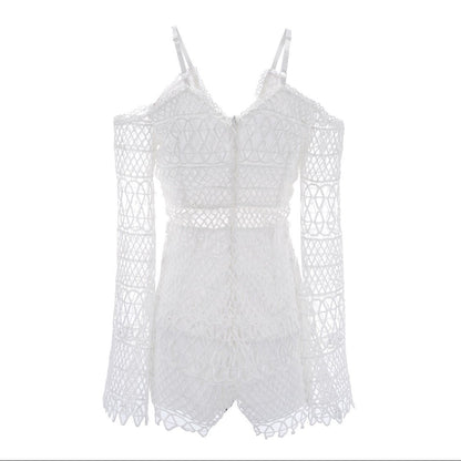 White Sexy Hollow V-Neck Strap Lace Vacation Style Romantic Romper
