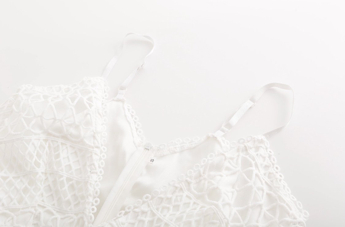 White Sexy Hollow V-Neck Strap Lace Vacation Style Romantic Romper