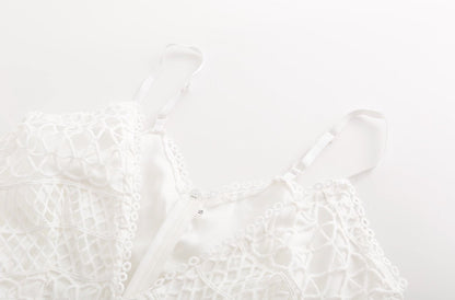 White Sexy Hollow V-Neck Strap Lace Vacation Style Romantic Romper