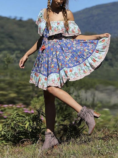 Blue Off-The-Shoulder Bohemia Mini Chiffon Floral Print Dress Beach Style Vacation Dress