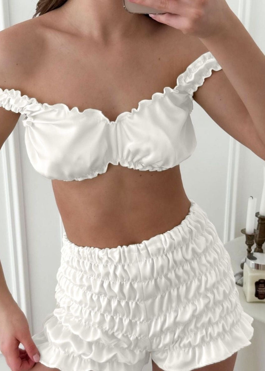 Satin Loungewear Set Bralette High Waist Shorts Long Robe