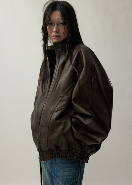 Oversized Brown Faux Leather Jacket Unisex Fit