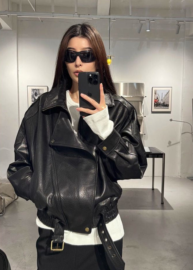 Oversized Faux Leather Moto Jacket With Buckle Detail
