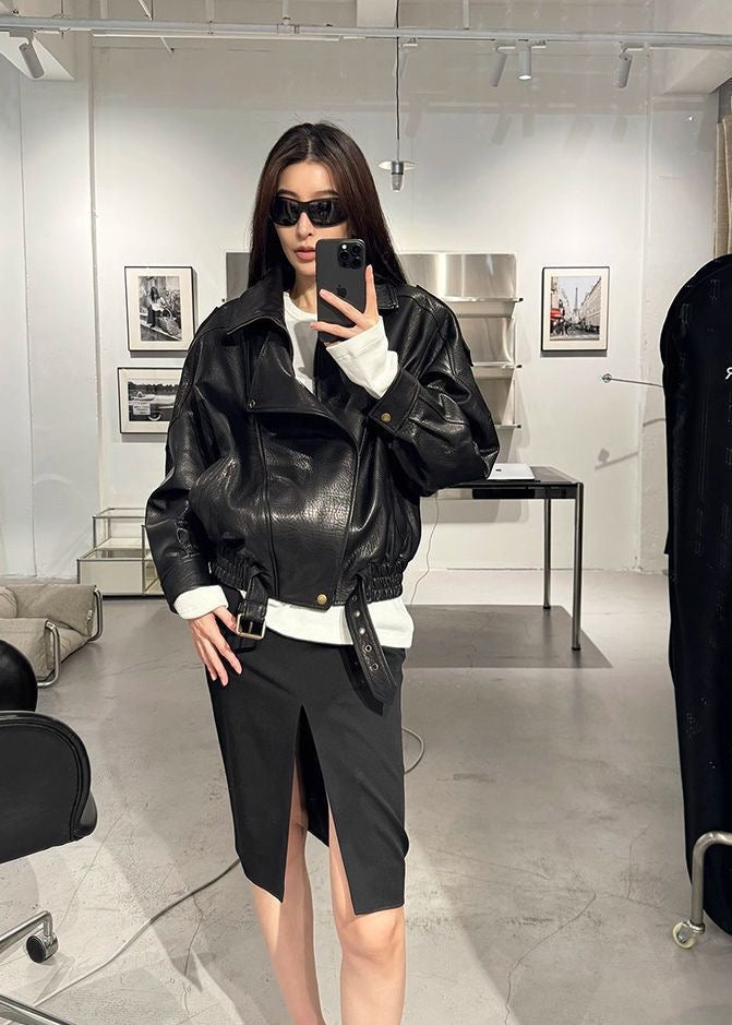 Oversized Faux Leather Moto Jacket With Buckle Detail