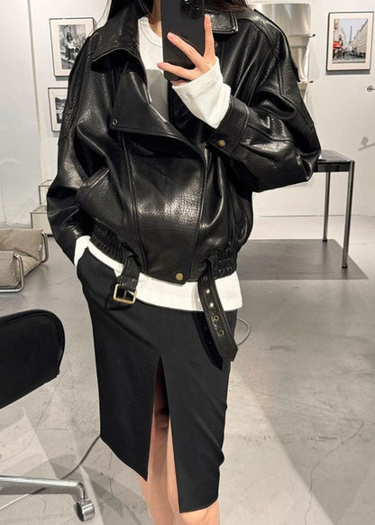 Oversized Faux Leather Moto Jacket With Buckle Detail