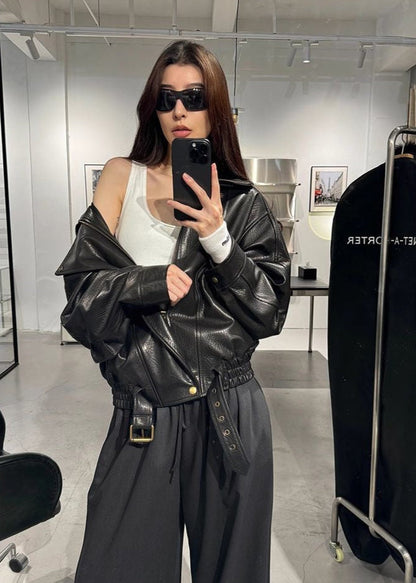 Oversized Faux Leather Moto Jacket With Buckle Detail