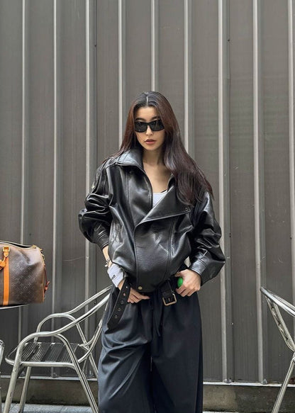 Oversized Faux Leather Moto Jacket With Buckle Detail