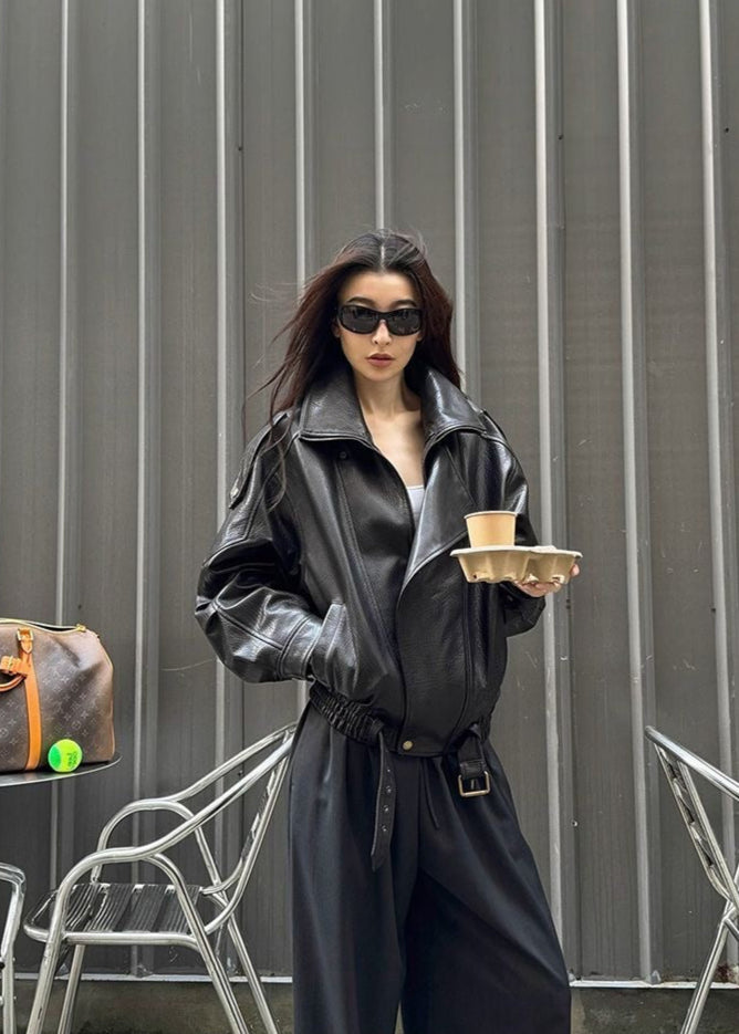 Oversized Faux Leather Moto Jacket With Buckle Detail