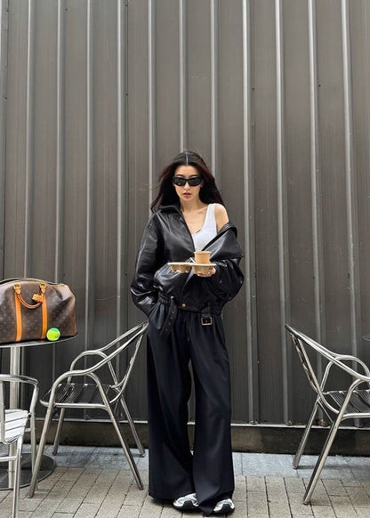Oversized Faux Leather Moto Jacket With Buckle Detail