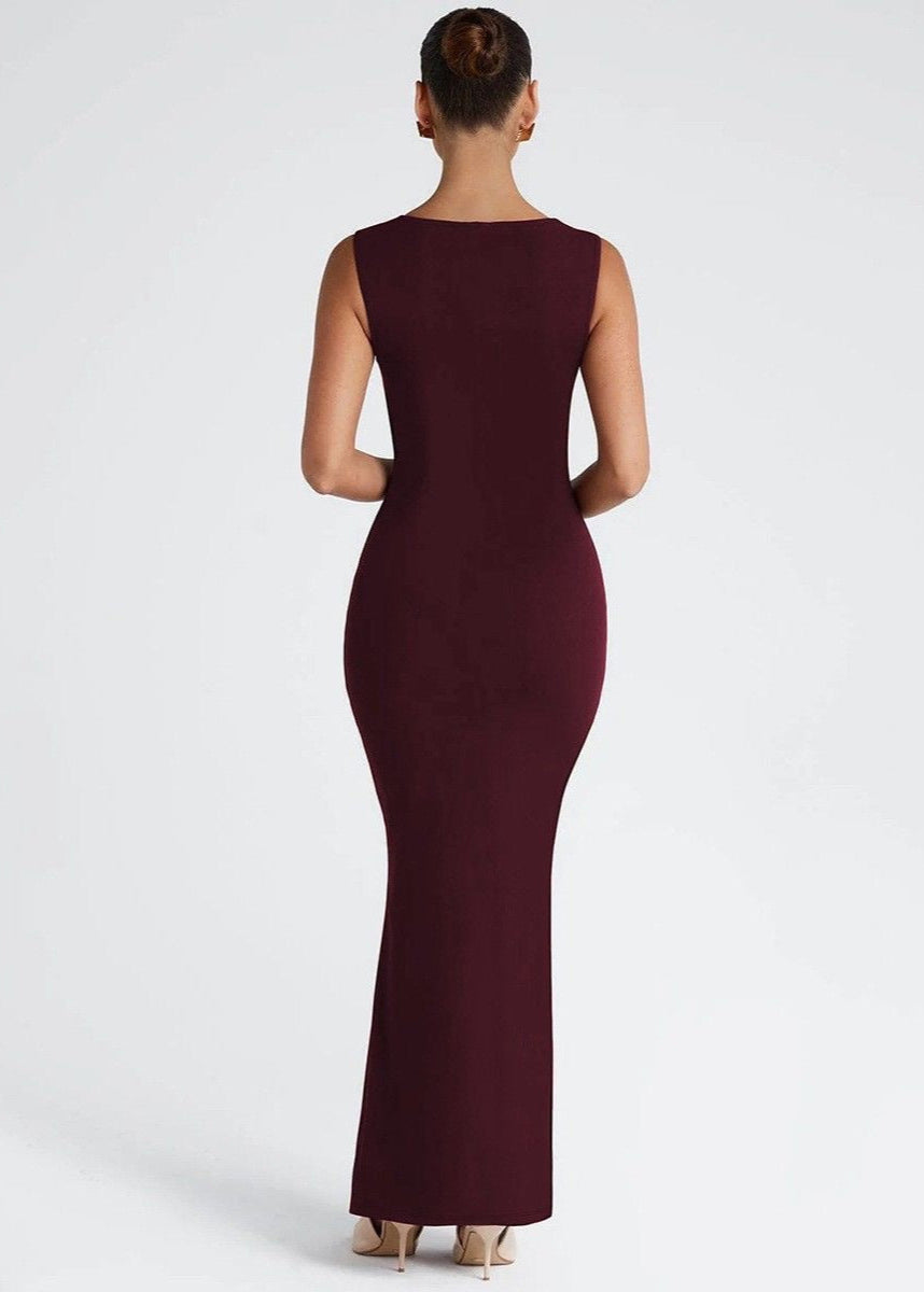 Square Neck Sleeveless Bodycon Maxi Dress Burgundy