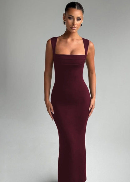 Square Neck Sleeveless Bodycon Maxi Dress Burgundy