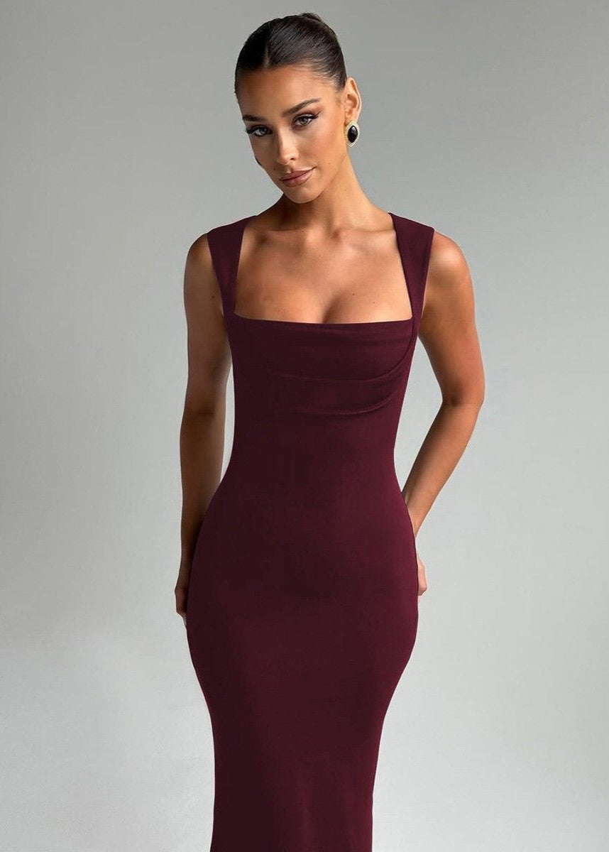 Square Neck Sleeveless Bodycon Maxi Dress Burgundy