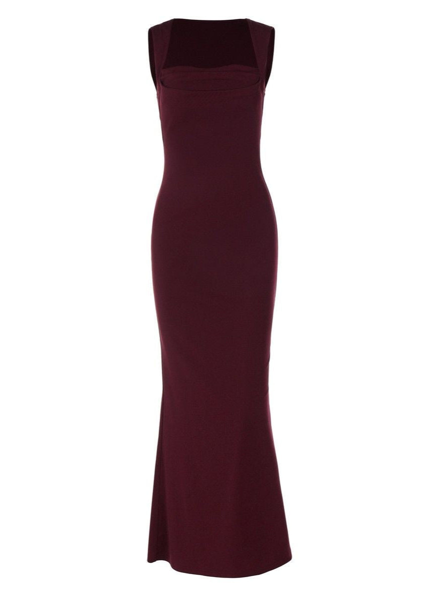 Square Neck Sleeveless Bodycon Maxi Dress Burgundy
