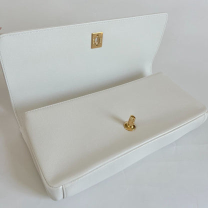 Chanel White Caviar Leather Captain Gold Clutch
