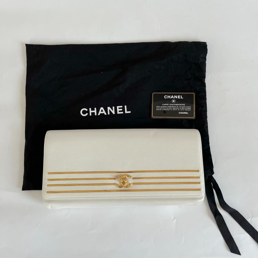Chanel White Caviar Leather Captain Gold Clutch