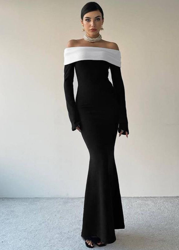 Off Shoulder Contrast Maxi Dress In Stretch Fabric