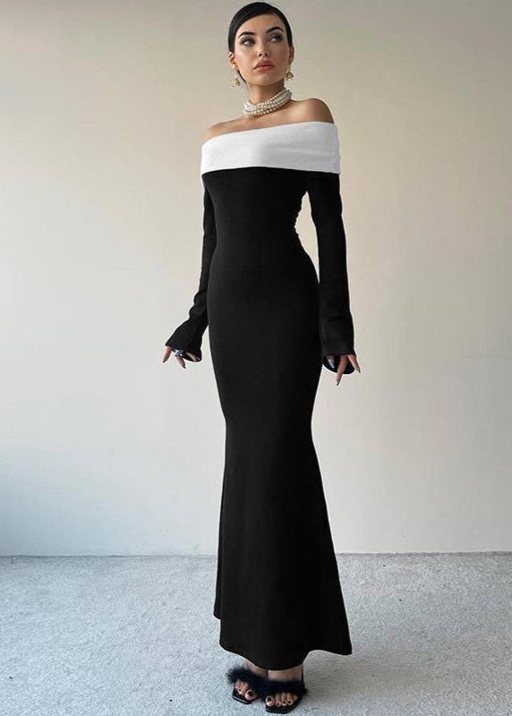 Off Shoulder Contrast Maxi Dress In Stretch Fabric