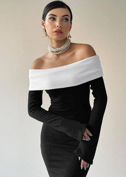 Off Shoulder Contrast Maxi Dress In Stretch Fabric