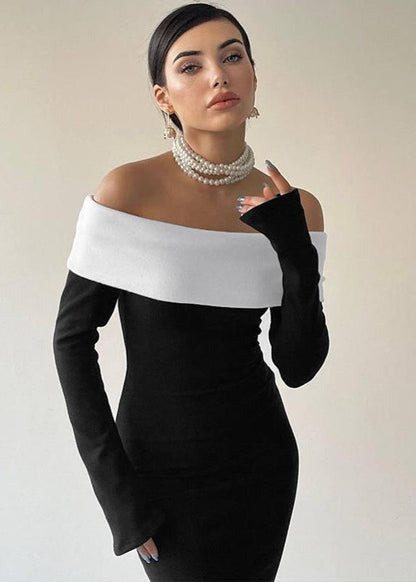 Off Shoulder Contrast Maxi Dress In Stretch Fabric