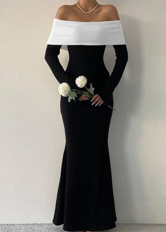 Off Shoulder Contrast Maxi Dress In Stretch Fabric