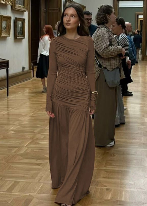 Long Sleeve Ruched Maxi Dress Soft Stretch Fabric