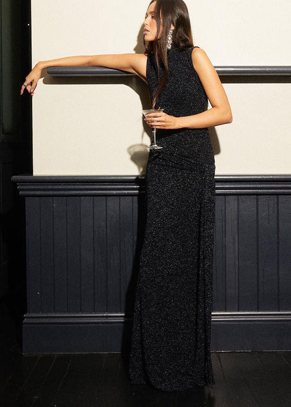 Sleeveless High Neck Glitter Maxi Dress Black