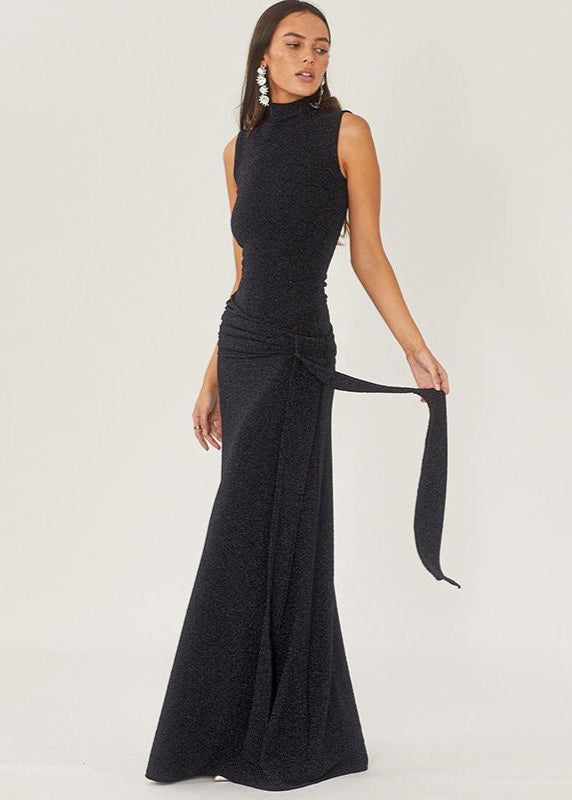 Sleeveless High Neck Glitter Maxi Dress Black